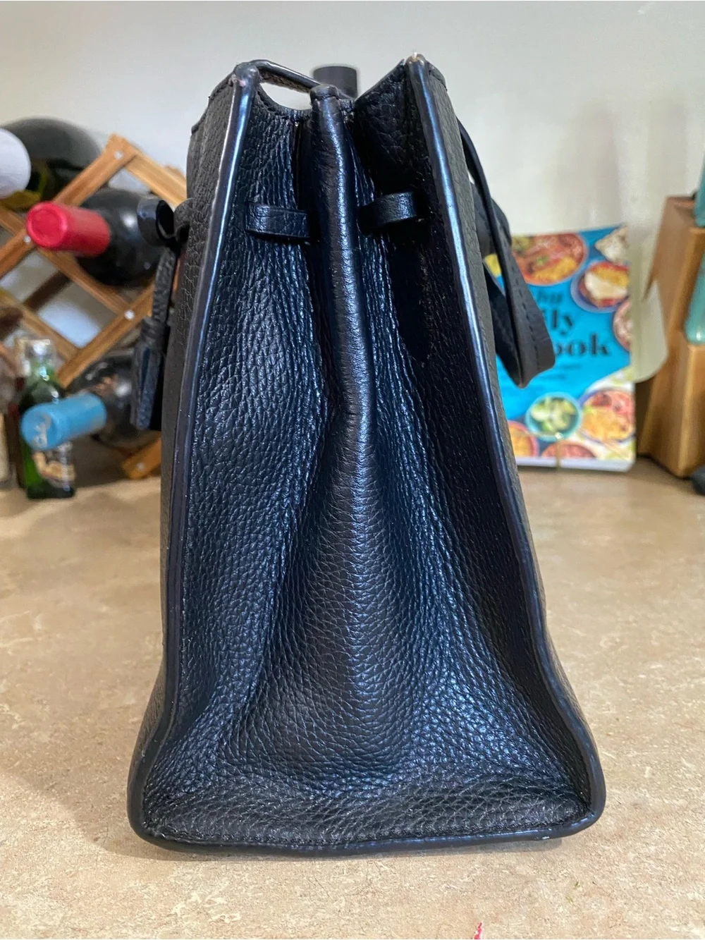 kate spade Black Pebbled Leather Satchel with Tassels with Flaws on top handle